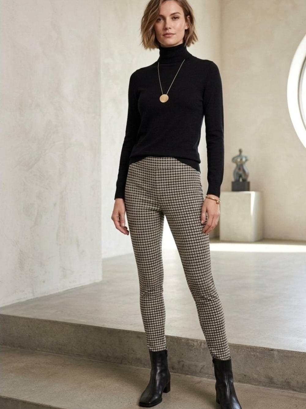 INC International Concepts Black & Cream Geometric Straight Leg Ponte Pants